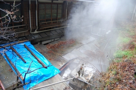 裏庭の源泉井戸から湯気もくもく